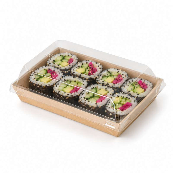 Barquette sushi en carton kraft brun avec couvercle transparent en plastique PET  153x102mm H25mm-300Pcs