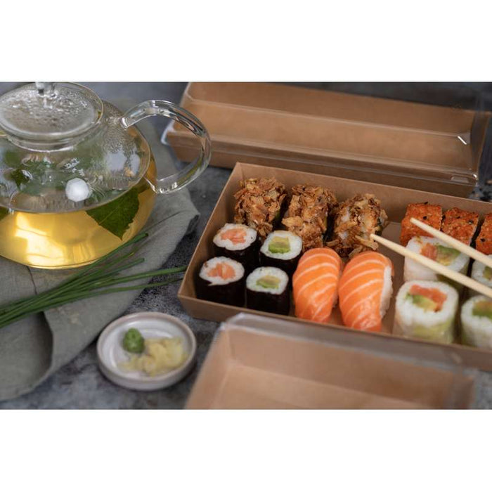 Barquette sushi en carton kraft brun avec couvercle transparent en plastique PET  209x78mm H25mm-300Pcs