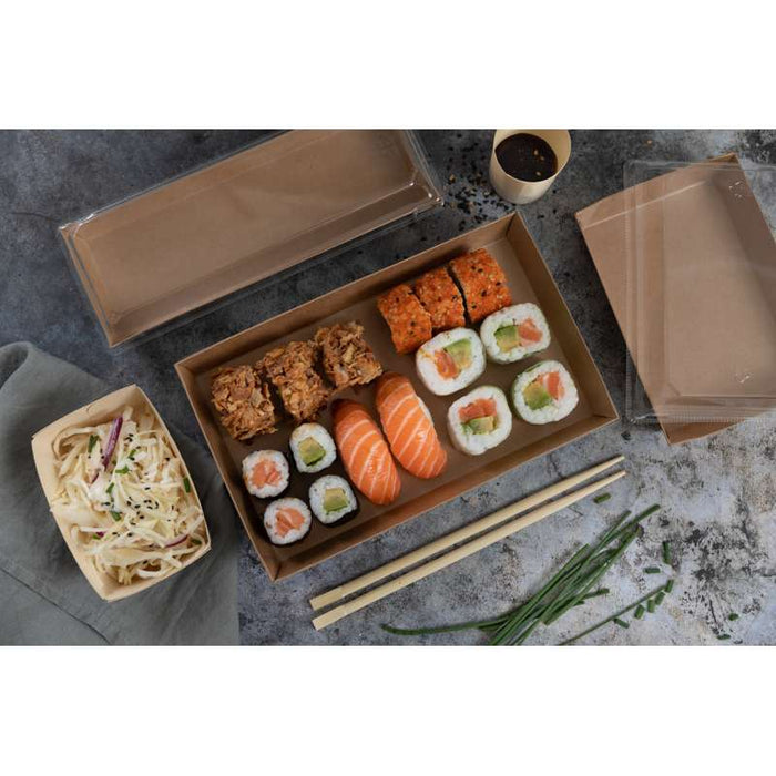 Barquette sushi en carton kraft brun avec couvercle transparent en plastique PET  209x78mm H25mm-300Pcs