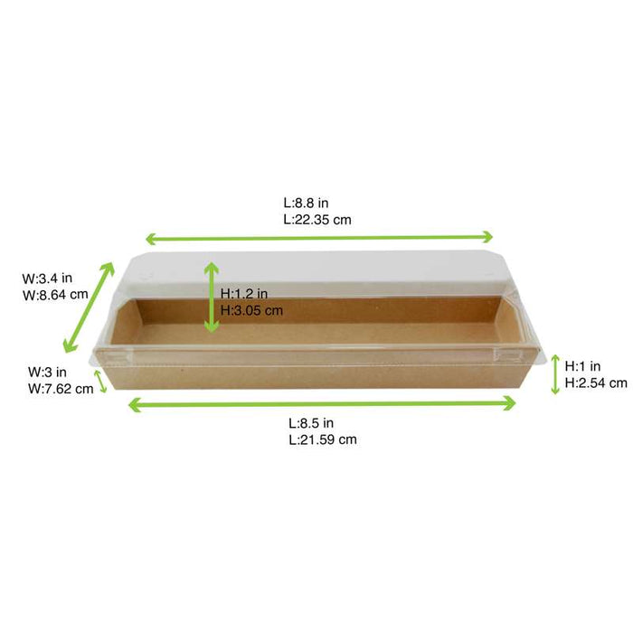 Barquette sushi en carton kraft brun avec couvercle transparent en plastique PET  209x78mm H25mm-300Pcs