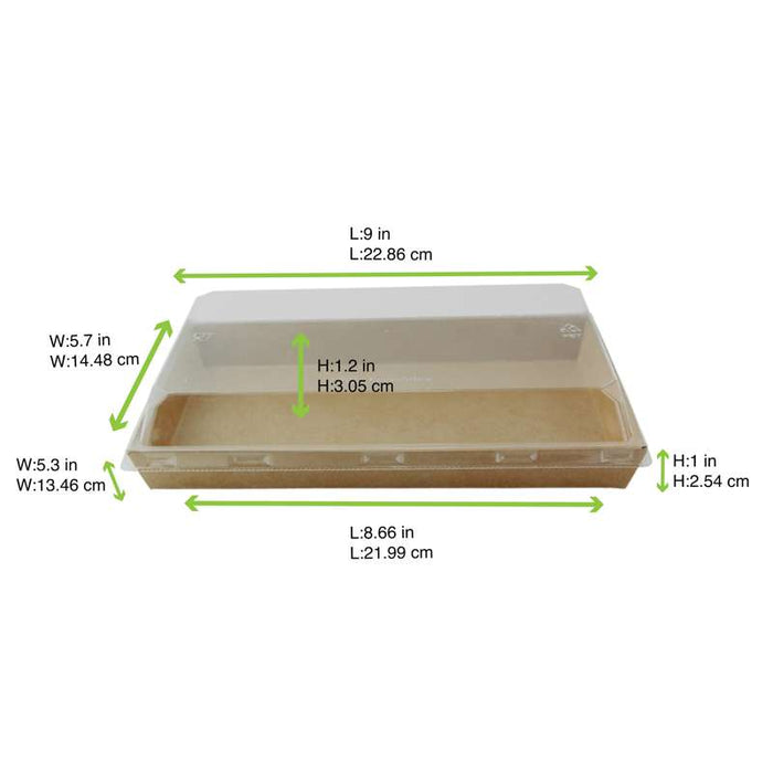 Barquette sushi en carton kraft brun avec couvercle transparent en plastique PET  225x138mm H25mm-300Pcs