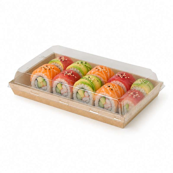 Barquette sushi en carton kraft brun avec couvercle transparent en plastique PET  225x138mm H25mm-300Pcs