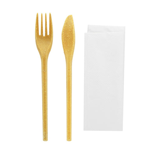 WOODARY Kit couverts réemployable bois composite: couteau fourchette serviette, emballage kraft  250-250Pcs