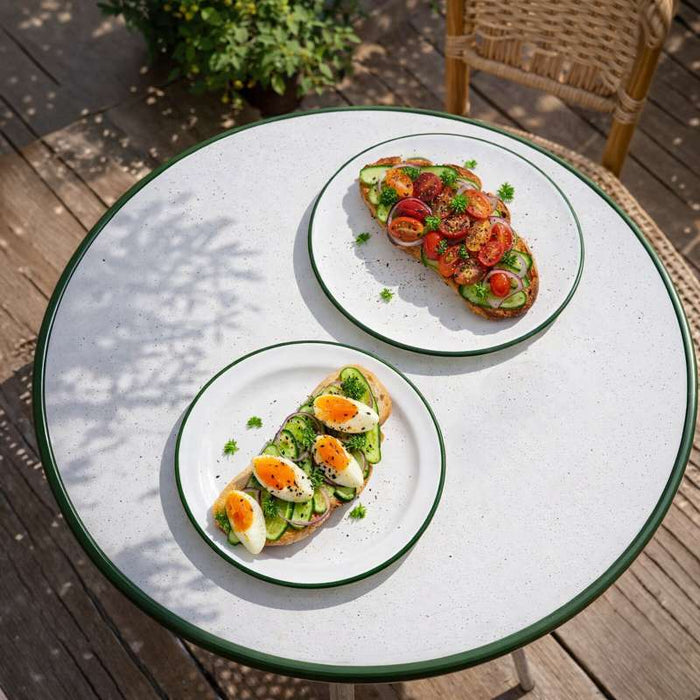 Assiette creuse Enamel blanc en acier émaillé à bord vert   H40mm 650ml-12Pcs