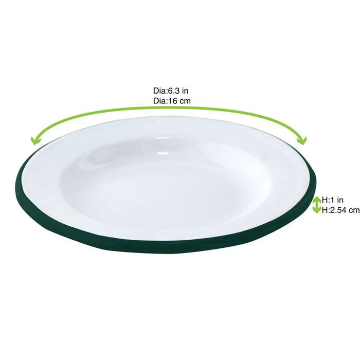 Assiette ronde "Enamel" en acier émaillé blanc liseré vert Ø160mm - 12Pcs