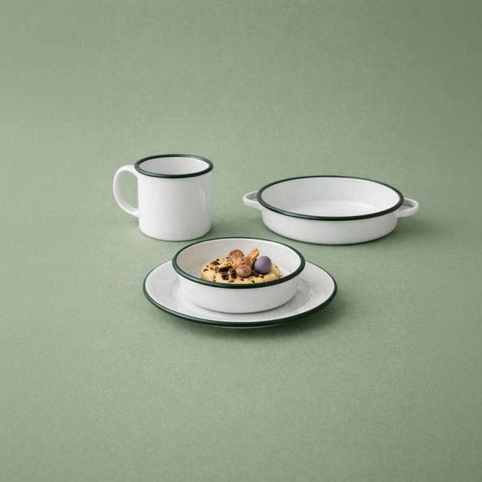 Assiette "Enamel" en acier émaillé blanc liseré vert Ø180mm - 12Pcs