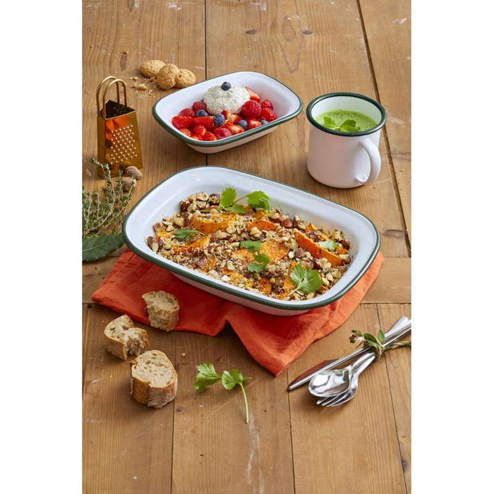 Assiette "Enamel" en acier émaillé blanc liseré vert Ø180mm - 12Pcs