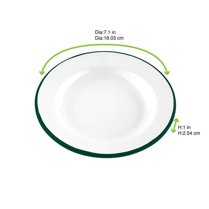 Assiette "Enamel" en acier émaillé blanc liseré vert Ø180mm - 12Pcs