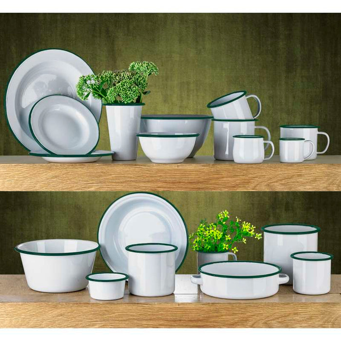 Assiette Enamel blanc en acier émaillé à bord vert   H30mm-12Pcs
