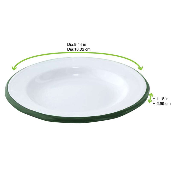 Assiette Enamel blanc en acier émaillé à bord vert   H30mm-12Pcs