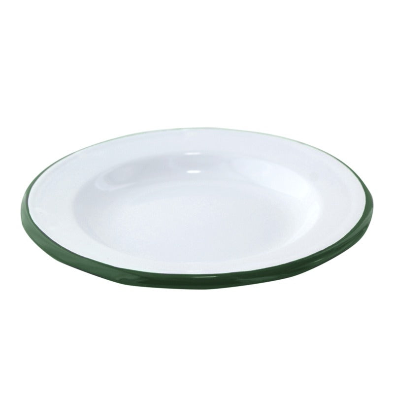 Assiette Enamel blanc en acier émaillé à bord vert   H30mm-12Pcs