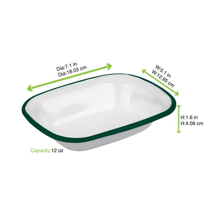 Barquette ou saladier blanc en acier émaillé à bord vert  180x130mm H40mm 350ml-12Pcs