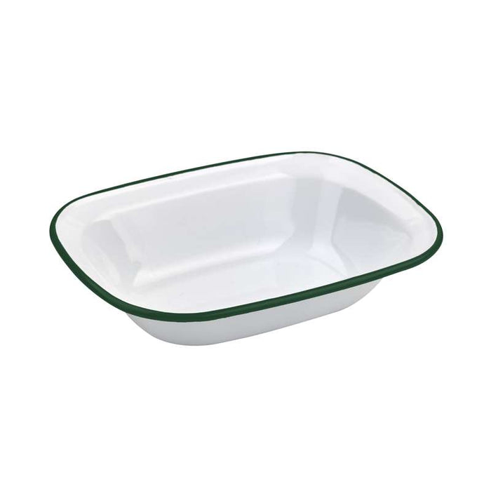 Barquette ou saladier blanc en acier émaillé à bord vert  260x190mm H55mm 1100ml-12Pcs