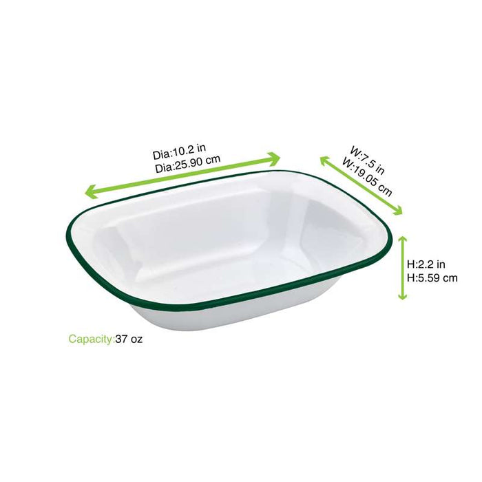 Barquette ou saladier blanc en acier émaillé à bord vert  260x190mm H55mm 1100ml-12Pcs