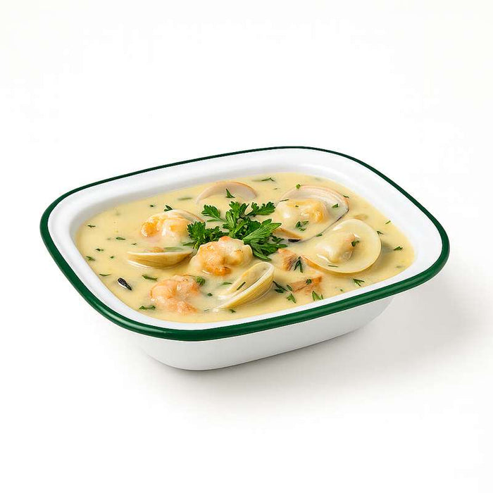 Barquette ou saladier blanc en acier émaillé à bord vert  260x190mm H55mm 1100ml-12Pcs