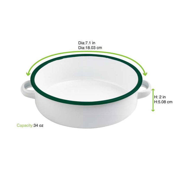 Plat rond avec anses blanc en acier émaillé à bord vert   H50mm 1000ml-12Pcs
