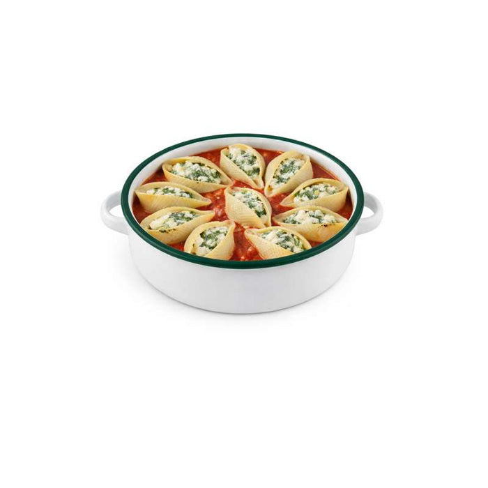 Plat rond avec anses blanc en acier émaillé à bord vert   H50mm 1000ml-12Pcs
