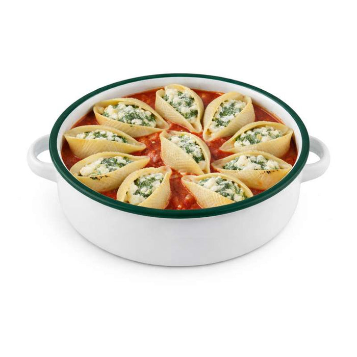 Plat rond avec anses blanc en acier émaillé à bord vert   H50mm 1000ml-12Pcs