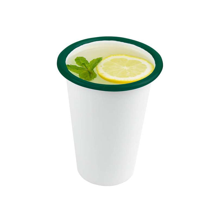 Gobelet Enamel blanc en acier émaillé à bord vert   H90mm 300ml - 12Pcs