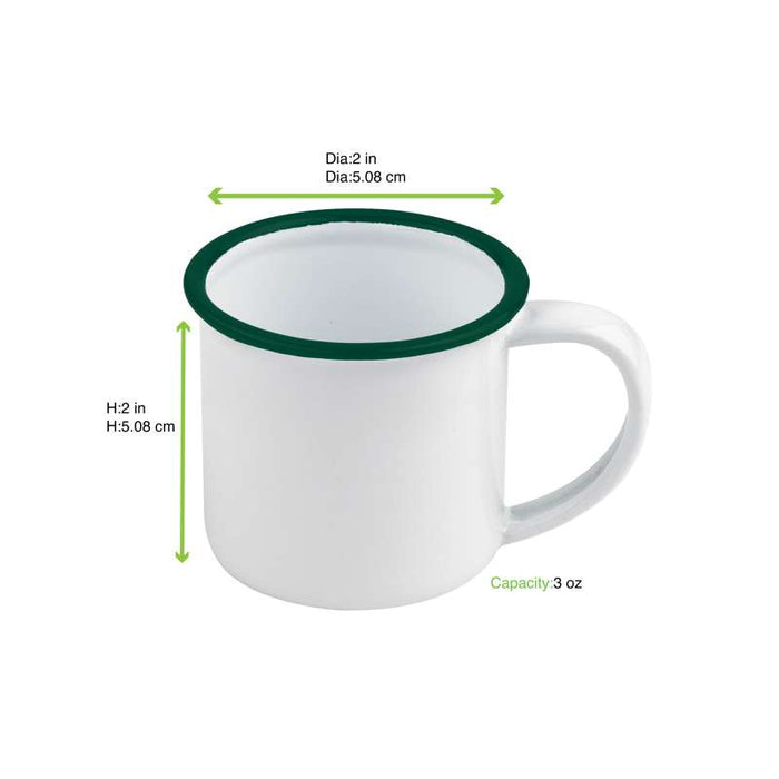 Mini mug Enamel blanc en acier émaillé à bord vert   H50mm 90ml - 12Pcs