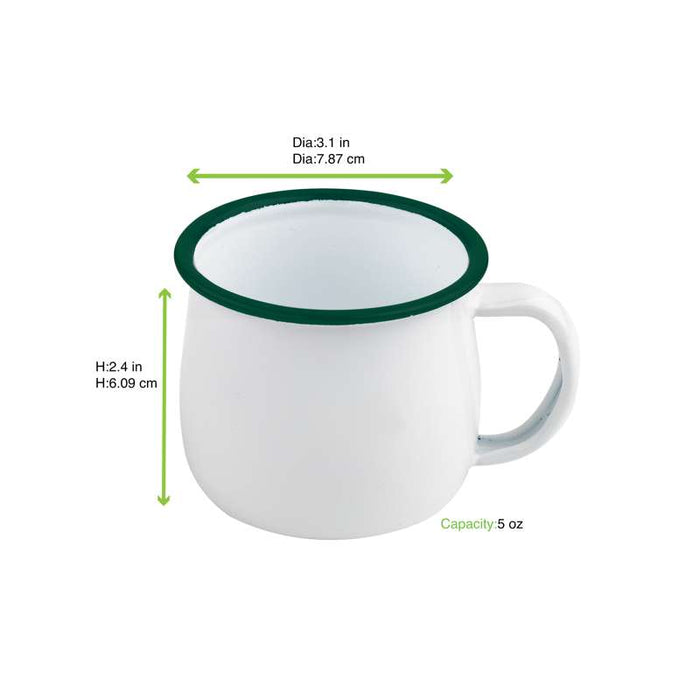 Mug Enamel blanc en acier émaillé à bord vert   H60mm 150ml - 12Pcs