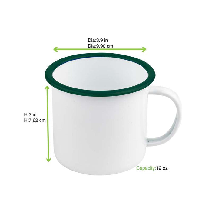 Mug Enamel blanc en acier émaillé à bord vert   H75mm 350ml - 12Pcs