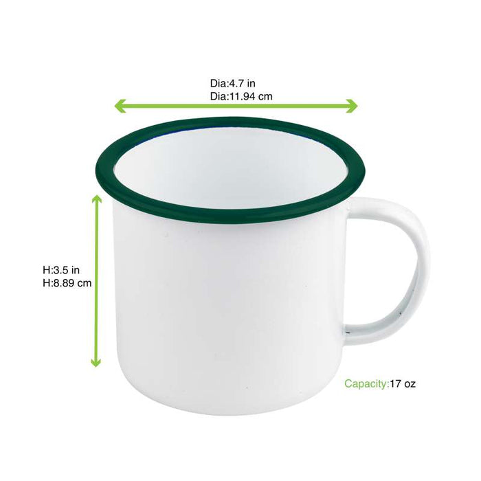Mug Enamel blanc en acier émaillé à bord vert   H90mm 500ml - 12Pcs