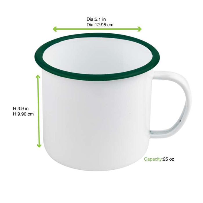 Mug Enamel blanc en acier émaillé à bord vert   H100mm 750ml - 12Pcs