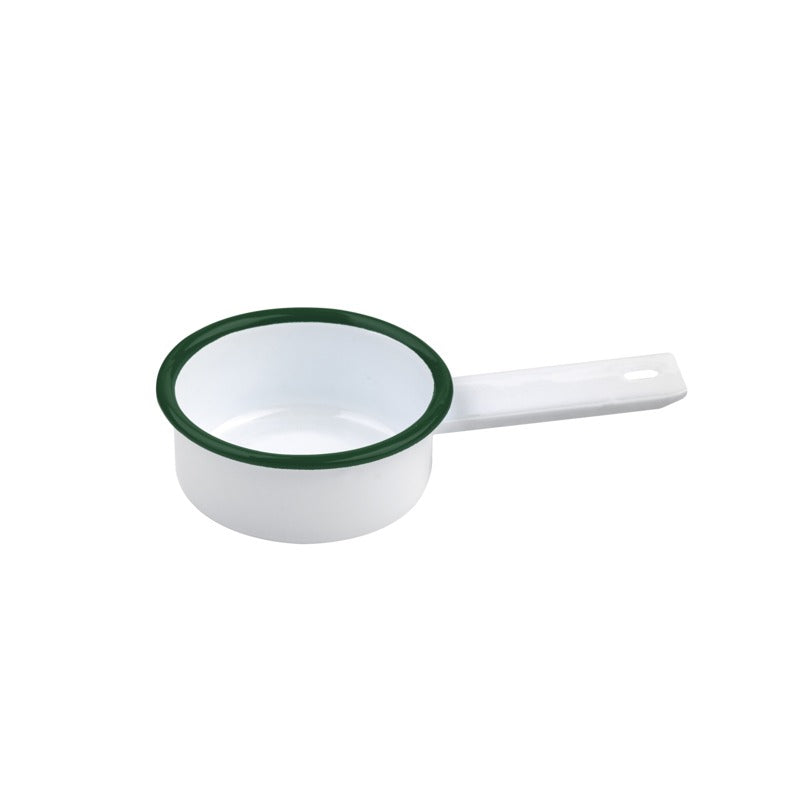 Mini casserole blanche en acier émaillé à bord vert   H30mm 100ml-12Pcs
