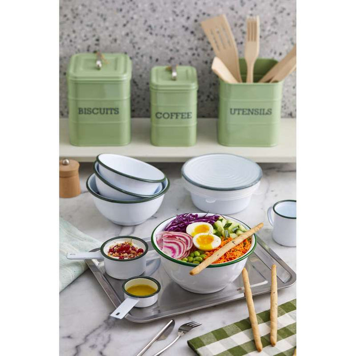 Mini casserole blanche en acier émaillé à bord vert   H47mm 200ml-12Pcs