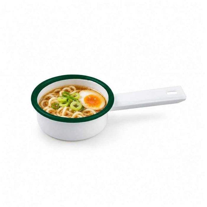 Mini casserole "Enamel" en acier émaillé blanc à bord vert Ø70mm H29mm 50ml - 12Pcs