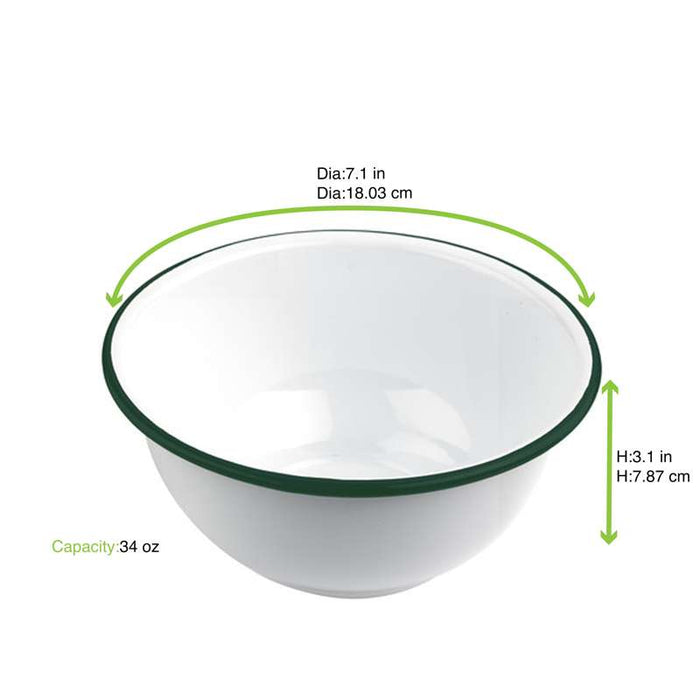 Bol Enamel blanc en acier émaillé  à bord vert   H80mm 1000ml - 12Pcs