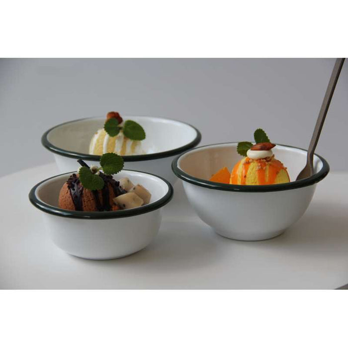 Bol Enamel blanc en acier émaillé  à bord vert   H70mm 470ml - 12Pcs
