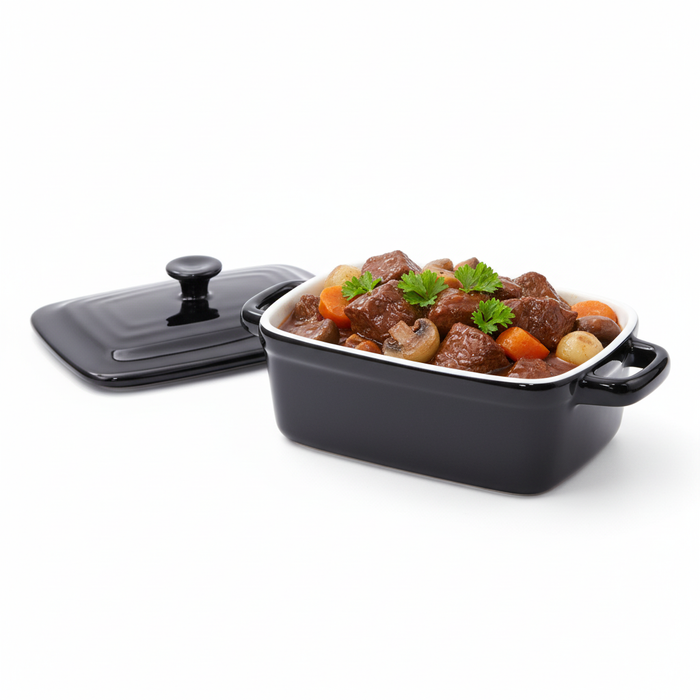 Mini cocotte rectangulaire avec couvercle en porcelaine noire  155x85mm H70mm 190ml - 12Pcs