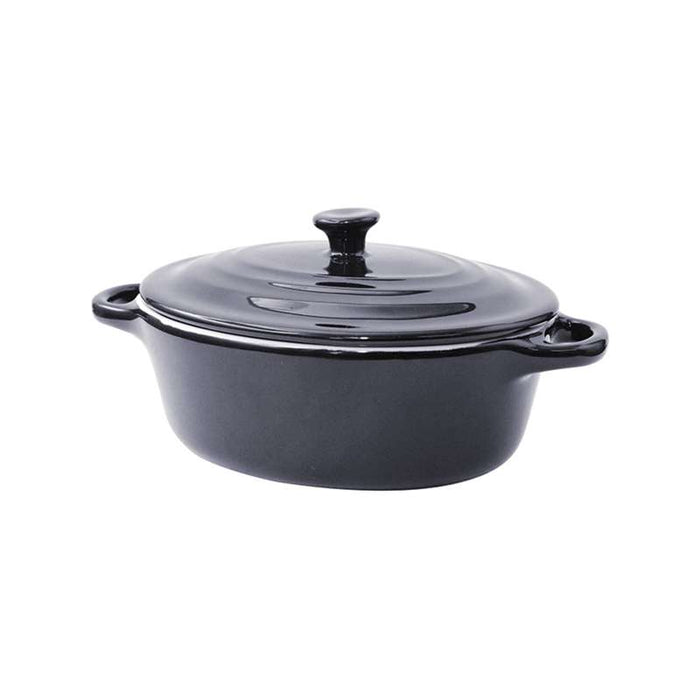 Mini cocotte ovale avec couvercle en porcelaine noire  200x120mm H90mm 320ml - 6Pcs