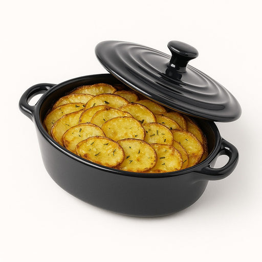 Mini cocotte ovale avec couvercle en porcelaine noire  200x120mm H90mm 320ml - 6Pcs