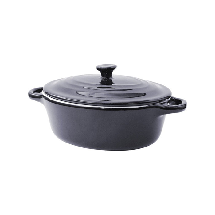 Mini cocotte ovale avec couvercle en porcelaine noire  200x120mm H90mm 320ml - 6Pcs
