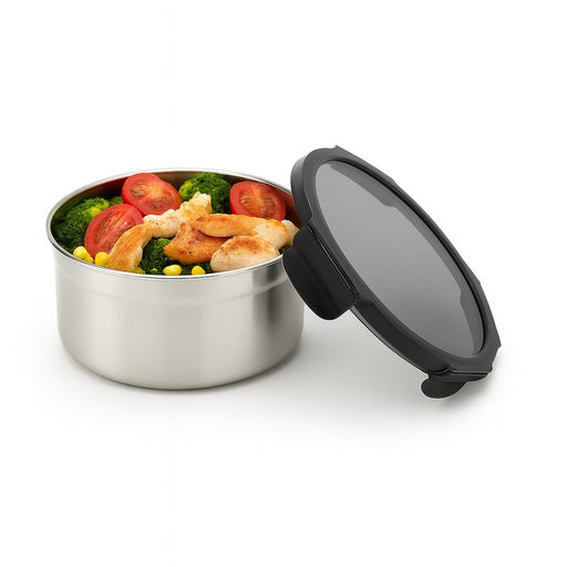 Boite ronde NoxBox en inox avec couvercle en plastique PP noir et fermeture hermétique  H80mm 900ml - 6Pcs