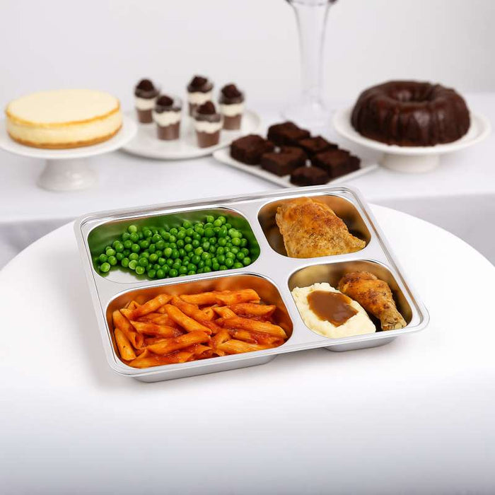 Plateau repas NoxTray en inox 4 compartiments avec couvercle en plastique PP  280x220mm H40mm-10Pcs