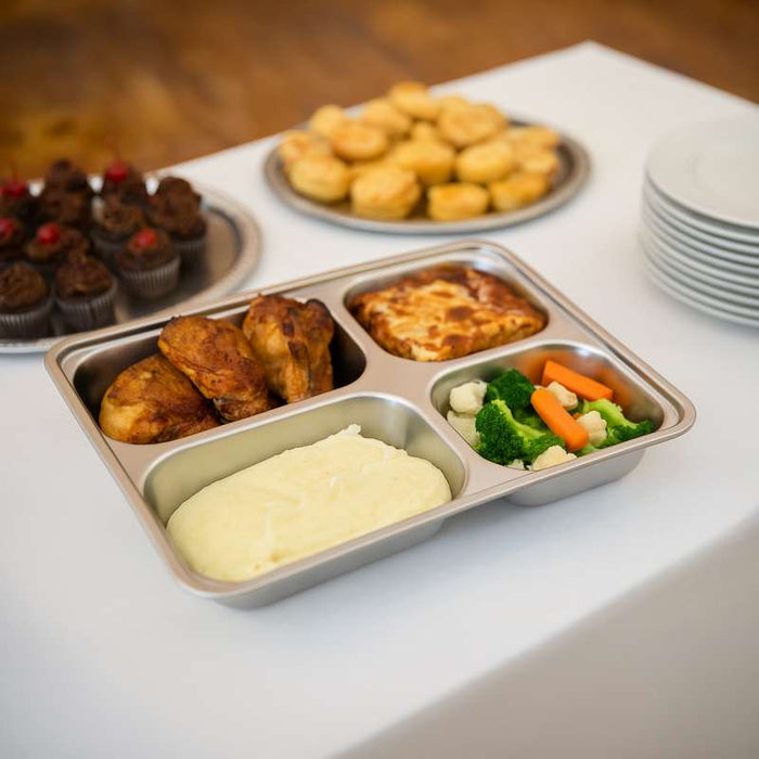 Plateau repas NoxTray en inox 4 compartiments avec couvercle en plastique PP  280x220mm H40mm-10Pcs