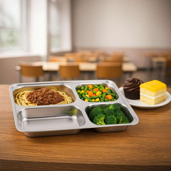 Plateau repas NoxTray en inox 4 compartiments avec couvercle en plastique PP  280x220mm H40mm-10Pcs
