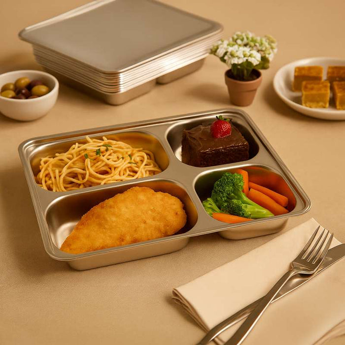 Plateau repas NoxTray en inox 4 compartiments avec couvercle en plastique PP  280x220mm H40mm-10Pcs