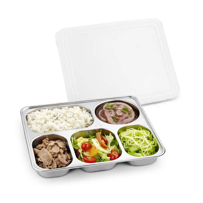 Plateau repas NoxTray en inox 5 compartiments avec couvercle en plastique PP  280x220mm H40mm-10Pcs