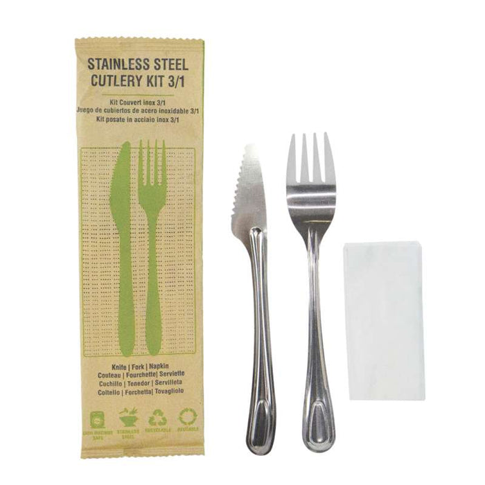 Kit couverts Noxcut en inox 3/1: couteau fourchette serviette, emballage papier 210x60mm H15mm-250Pcs