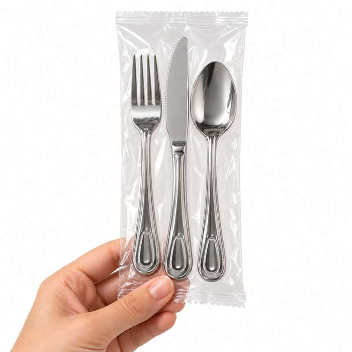Kit couverts Noxcut en inox 4/1: couteau fourchette cuillère à soupe et serviette, emballage papier 230x60mm H25mm-250Pcs