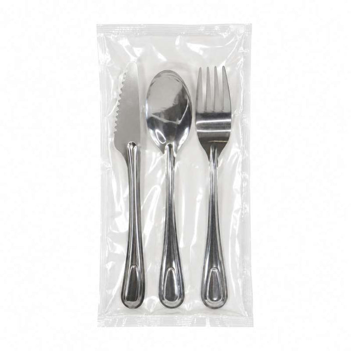 Kit couverts Noxcut en inox 4/1: couteau fourchette cuillère à soupe et serviette, emballage papier 230x60mm H25mm-250Pcs