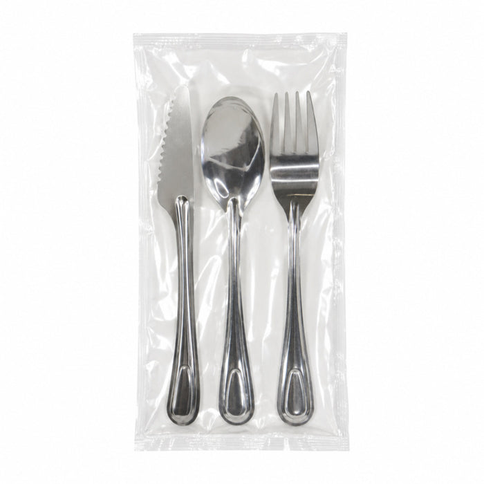 Kit couverts Noxcut en inox 4/1: couteau fourchette cuillère à soupe et serviette, emballage papier 230x60mm H25mm-250Pcs