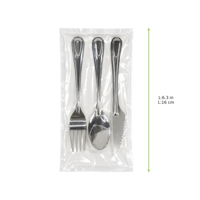 Kit couverts Noxcut en inox 4/1: couteau fourchette cuillère à soupe et serviette, emballage papier 230x60mm H25mm-250Pcs