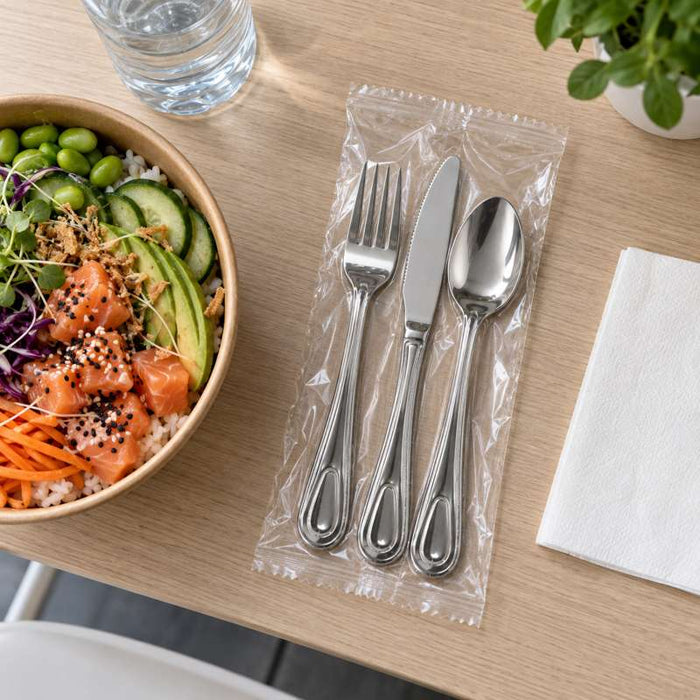 Kit couverts Noxcut en inox 4/1: couteau fourchette cuillère à soupe et serviette, emballage papier 230x60mm H25mm-250Pcs