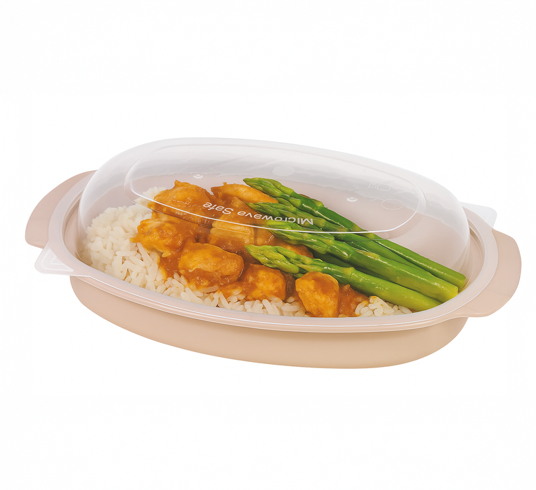 Bol Reemp beige en plastique PP avec couvercle transparent  226x154mm H54mm 600ml-150Pcs